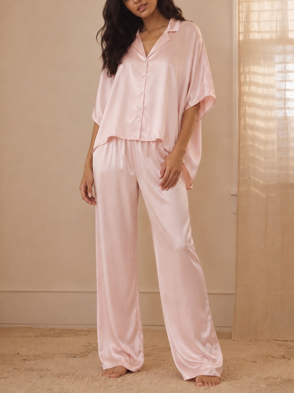 Anthropologie Flora Nikrooz Batwing Satin Button Pajama Set